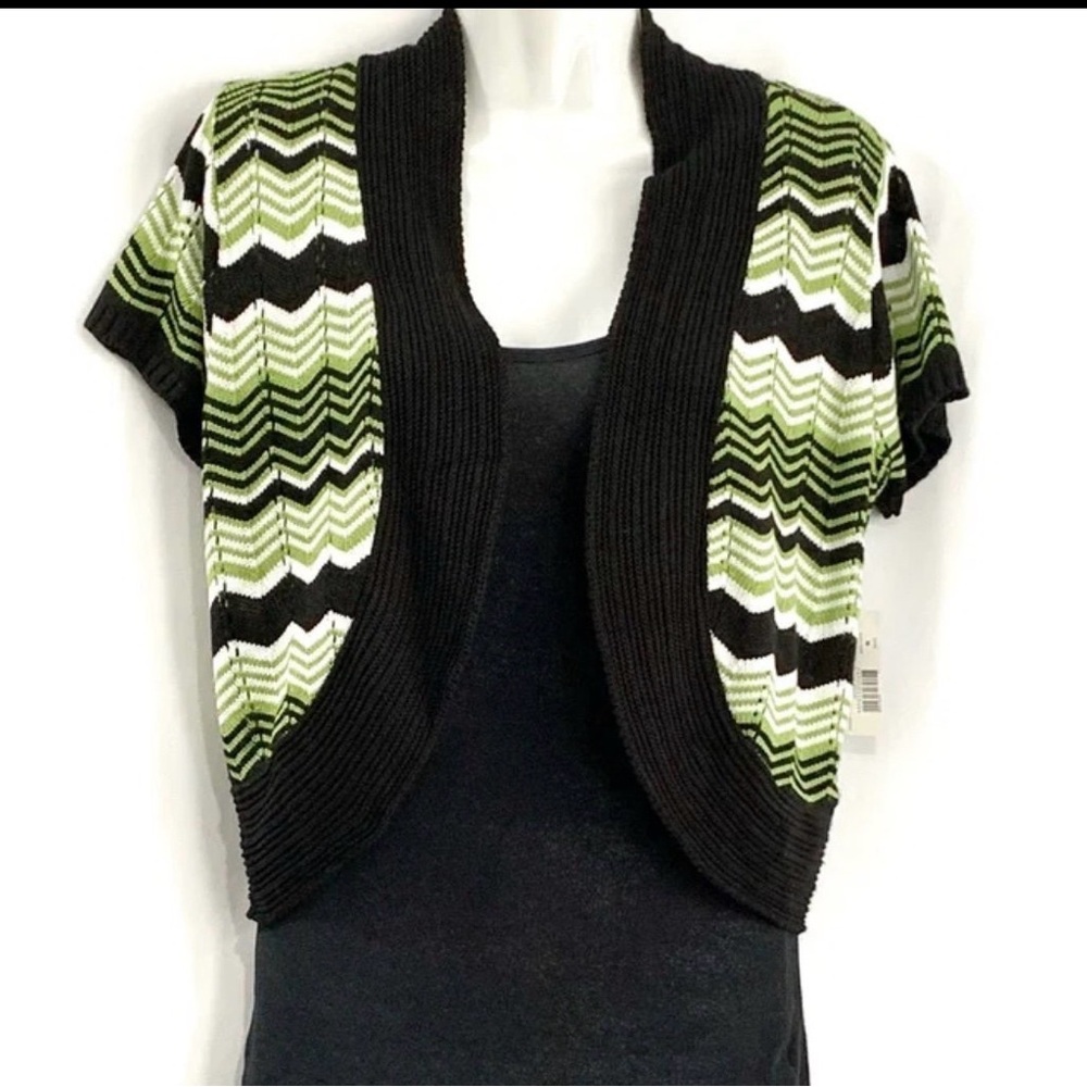 New Directions Short Sleeve Shrug Open Front Womens Medium Black Green White NWT